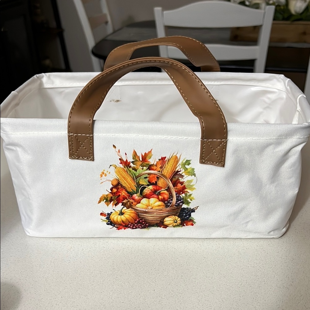 White Storage Basket with Fall Harvest Design
